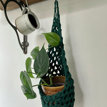 Image showing green cotton crochet hanging wall planter suspened by a hook on a rail, handmade hanging plant basket holding pot and plant hanging from hook from a rail