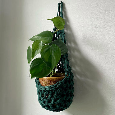 Image showing handmade green wall planter suspended against a white wall showing the tierdrop shape with pot and trailing plant from small nail in the wall