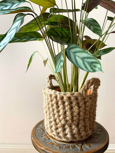 Photo showing jute plant basket, containing plant, placed on a small wooden table. The plant basket is made of natural jute, brown, and has two small handles. 
