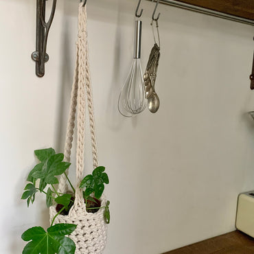 Indoor cream cotton hanging plant holder with three long crocheted straps, finished with a loop to hang up. Image shows planter hanging in a kitchen, from a hanging rail, with a pot and plant inside. Made with recycled cotton cord.