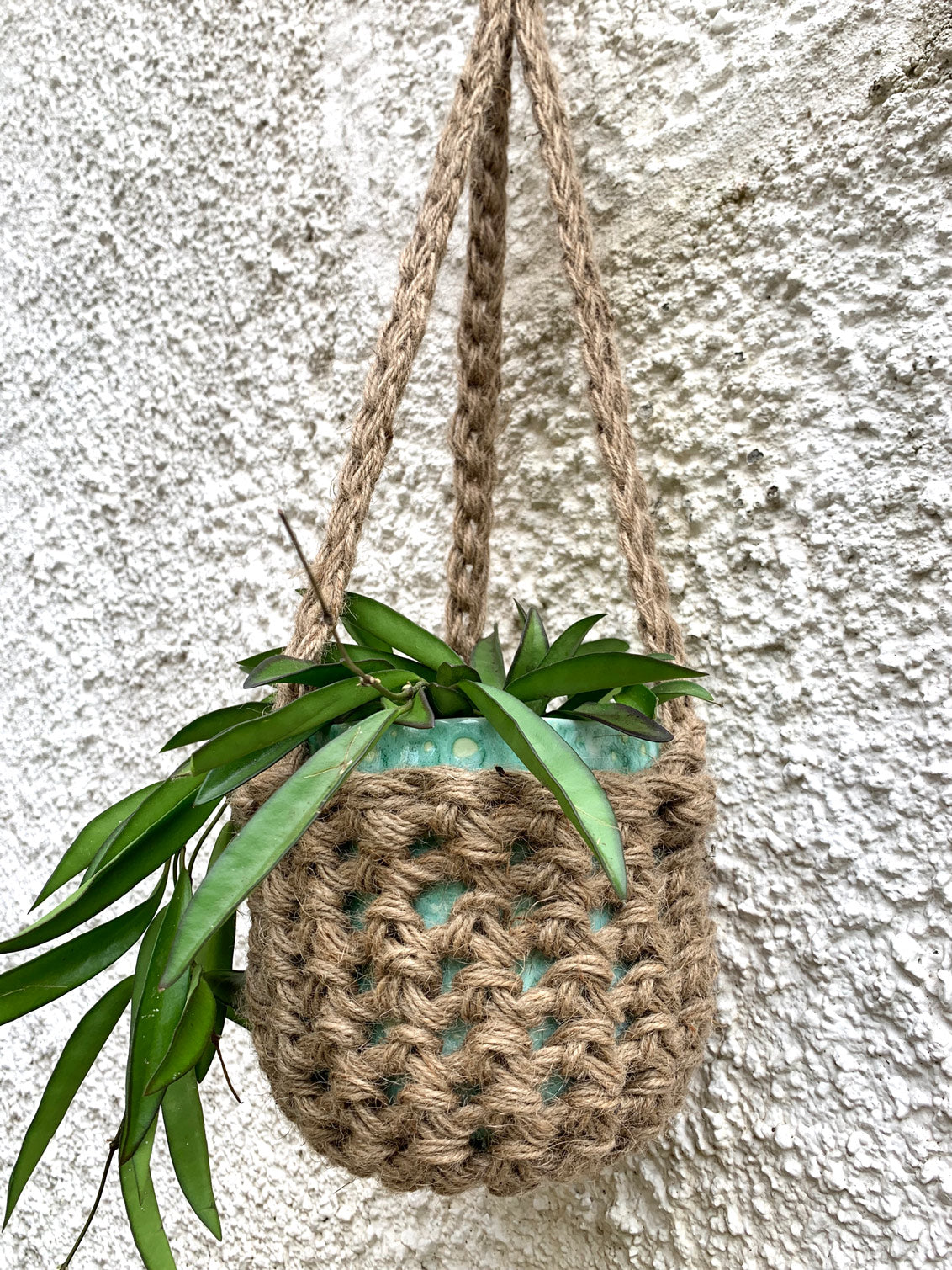 Natural Jute hanging plant holder with three long crocheted straps and pot shaped basket at the bottom of these straps designed for pot to be placed securely, finished with a loop to hang up. Image shows planter outside, suspended from a small hook.