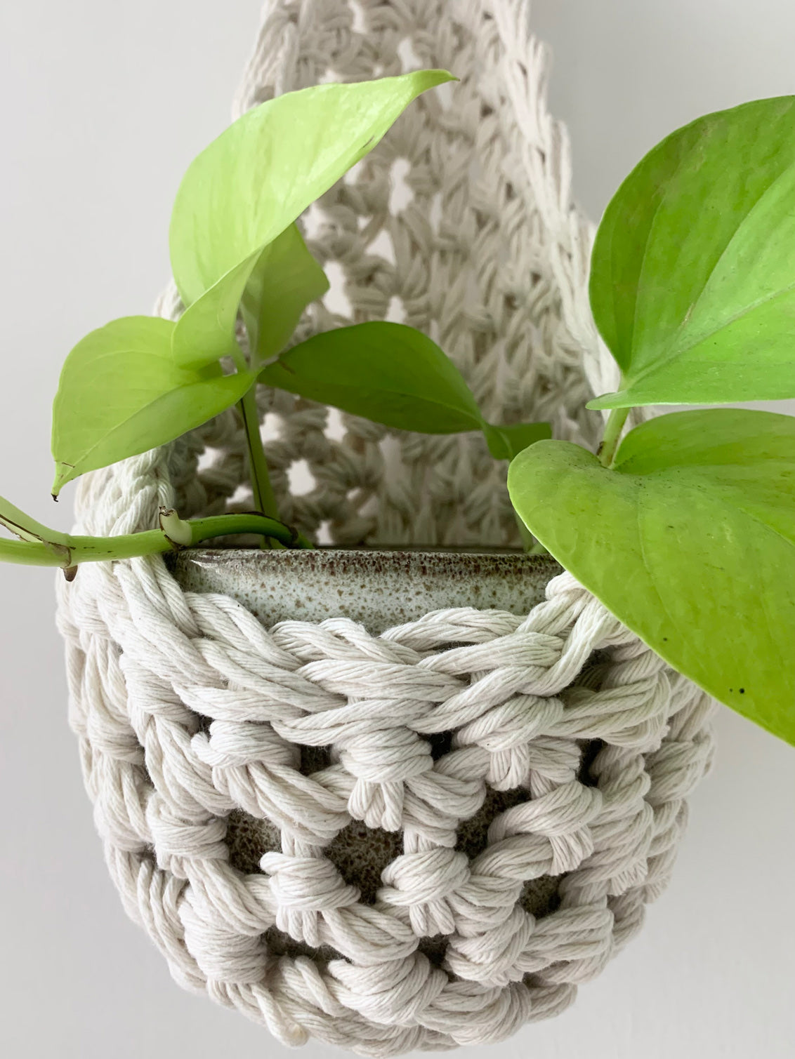 mage showing close up crochet details of tierdrop shape white cotton plant hanger, containing pot and plant. To give an idea of how the planter would look in situ and the woven texture of the fibres.
