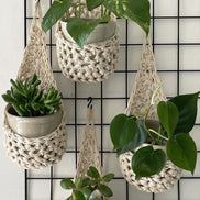 Image showing four cream wall mounted planters hanging together in a group, each one containing a pots and plant. Handmade cotton crochet plant baskets, used to display houseplants creatively in your home. 