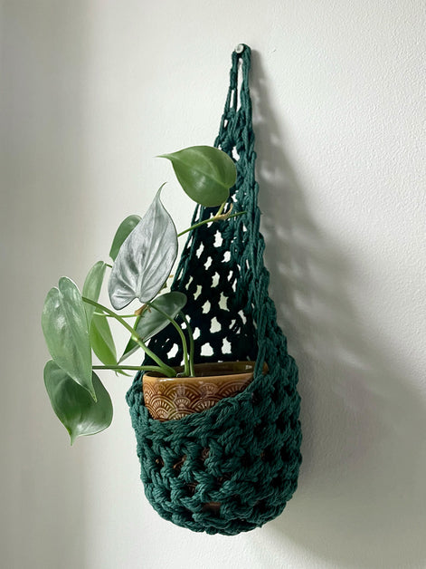 Image showing handmade green wall planter suspended against a white wall showing the tierdrop shape with pot and trailing plant from small nail in the wall
