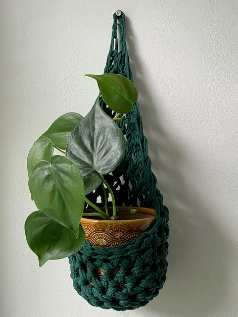 Image showing handmade green wall planter suspended against a white wall showing the tierdrop shape with pot and trailing plant from small nail in the wall