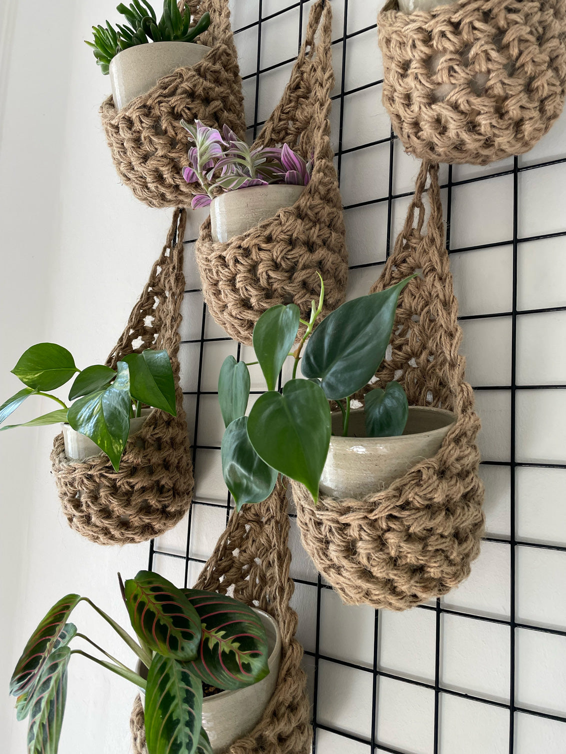 Image showing a close up photo of a grouping of 6 tierdrop shaped natural jute wall hanging planters. Each handmade planter is hung against the wall, holding a ceramic pot and plant. Photo is showing a creative sapce saving method of showing of your houseplants.  