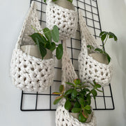 Image showing low angled shot of a white wall with four white wall mounted planters hanging together in a group, each one containing a pots and plant. Handmade cotton crochet plant baskets, used to display houseplants creatively in your home. Photo shows the basket shape which keeps your plants safe and secure. 