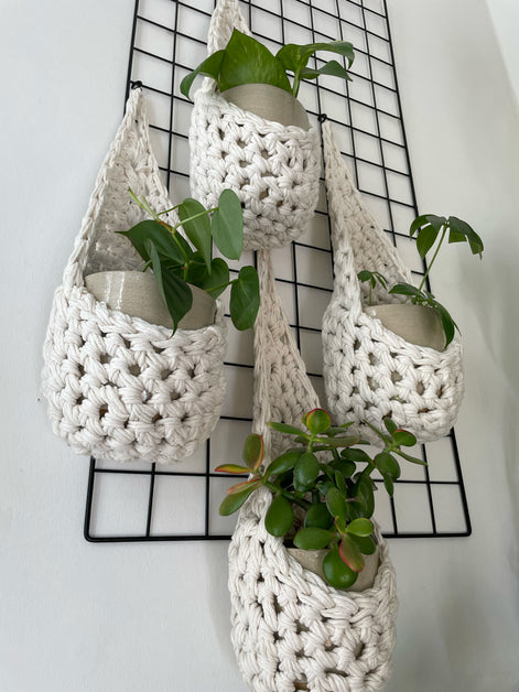 Image showing low angled shot of a white wall with four white wall mounted planters hanging together in a group, each one containing a pots and plant. Handmade cotton crochet plant baskets, used to display houseplants creatively in your home. Photo shows the basket shape which keeps your plants safe and secure. 