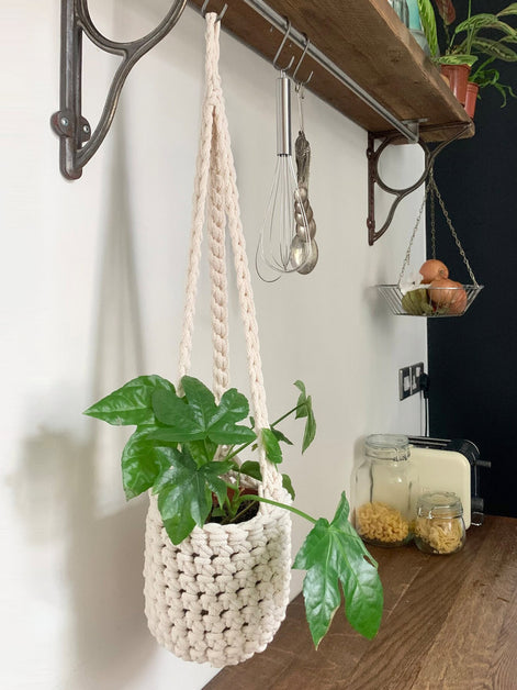Indoor cream cotton hanging plant holder with three long crocheted straps, finished with a loop to hang up. Image shows planter hanging in a kitchen, from a hanging rail, with a pot and plant inside. Made with recycled cotton cord.