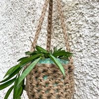 Natural Jute hanging plant holder with three long crocheted straps and pot shaped basket at the bottom of these straps designed for pot to be placed securely, finished with a loop to hang up. Image shows planter outside, suspended from a small hook.